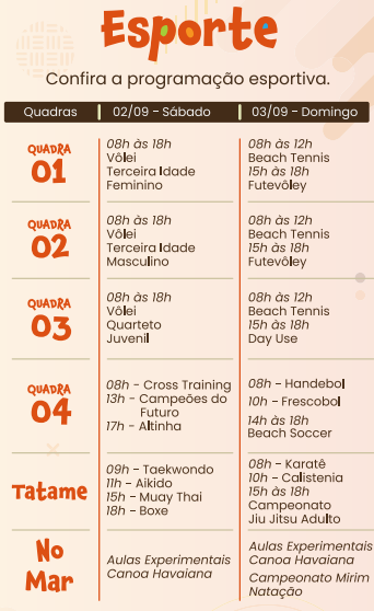 Confira a programação completa do evento: 1º Orla Festival: Cultura, Esporte e Sabores de Meaípe