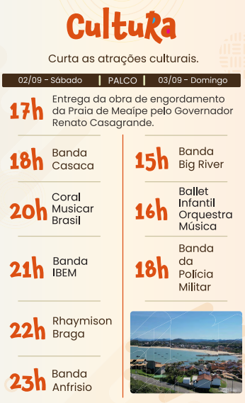 Confira a programação completa do evento: 1º Orla Festival: Cultura, Esporte e Sabores de Meaípe