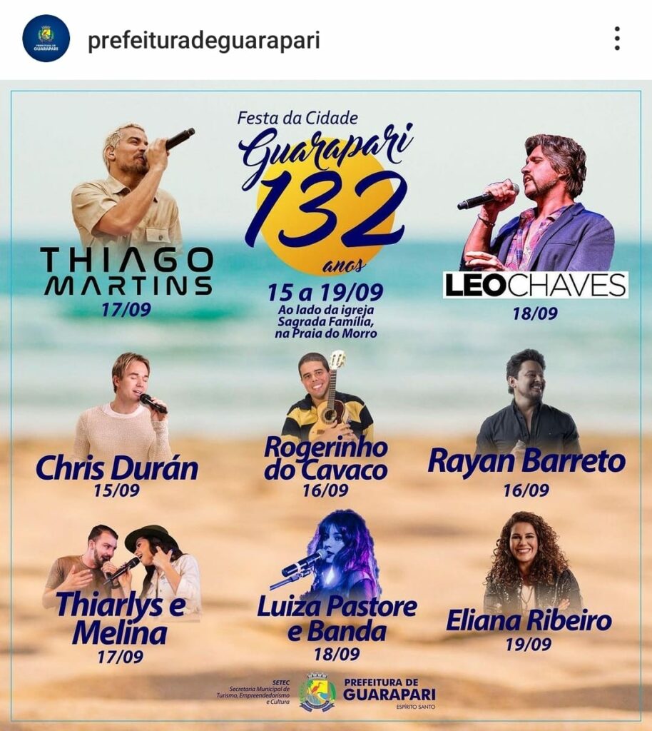 Festa da Cidade de Guarapari: Thiago Martins Substitui Molejo em Show Imperdível 5 Festa da Cidade de Guarapari, Thiago Martins, Molejo, show de substituição, Emancipação Política, eventos em Guarapari.