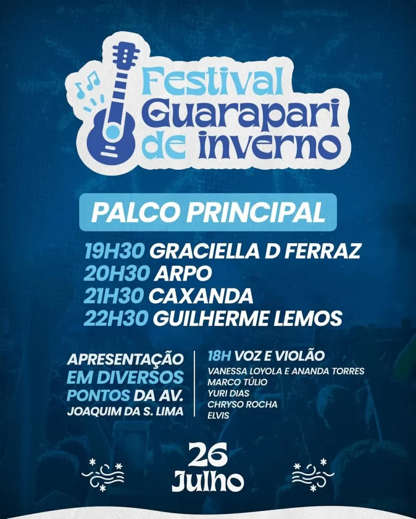 Festival de Inverno 2025 movimenta Guarapari de 25 a 27 de julho com shows gratuitos no Centro 3 Festival de Inverno de Guarapari 2025 reúne música e cultura