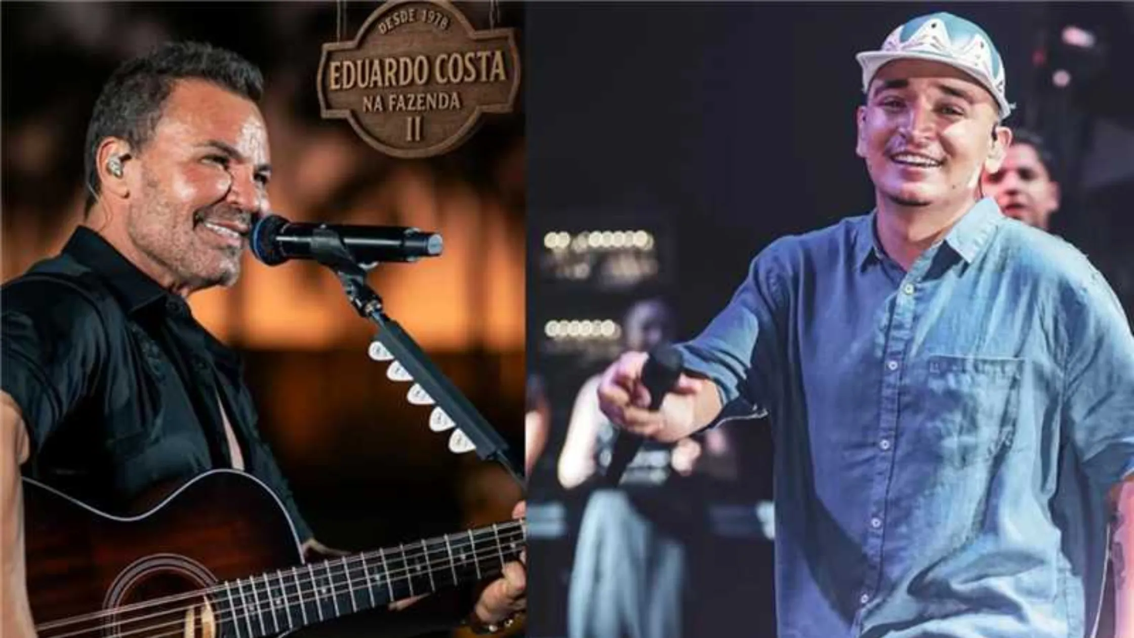 Eduardo Costa em apresentação com violão ao lado de João Gomes com microfone na mão durante show; ambos participam da programação da Festa da Banana e do Leite 2025.