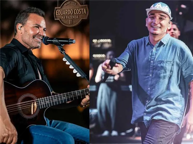 Eduardo Costa em apresentação com violão ao lado de João Gomes com microfone na mão durante show; ambos participam da programação da Festa da Banana e do Leite 2025.