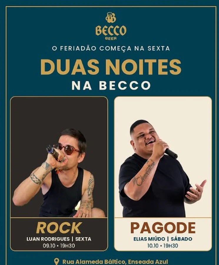 Flyer da programação Duas noites na Becco, com Luan Rodrigues na sexta e Elias Miúdo no sábado